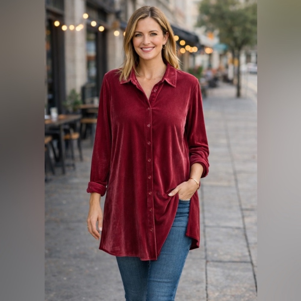 Soft Surroundings Velvet Tunic Top Size Large Button Up Burgundy